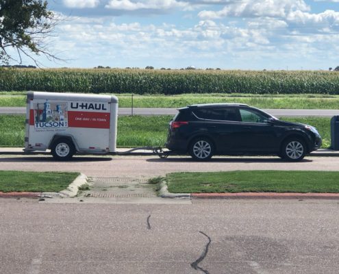 Uhaul trailer and our Rav4 driving to Colorado