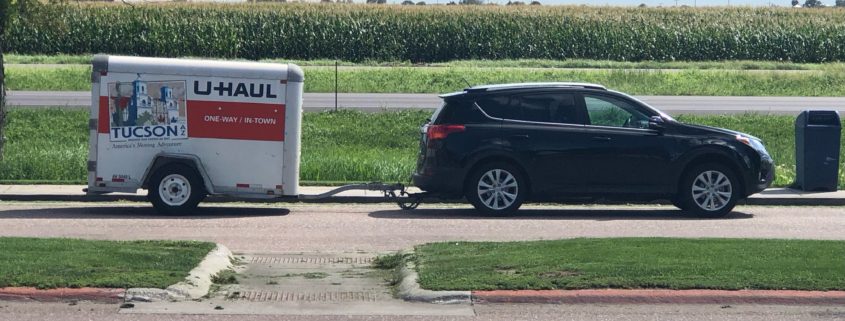 Uhaul trailer and our Rav4 driving to Colorado