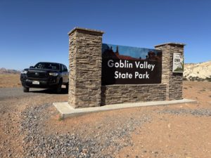 Goblin Valley State Park entrance sign with Tacoma