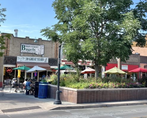 Main Street Bagel Shop showing outdoor dining in downtown Grand Junction