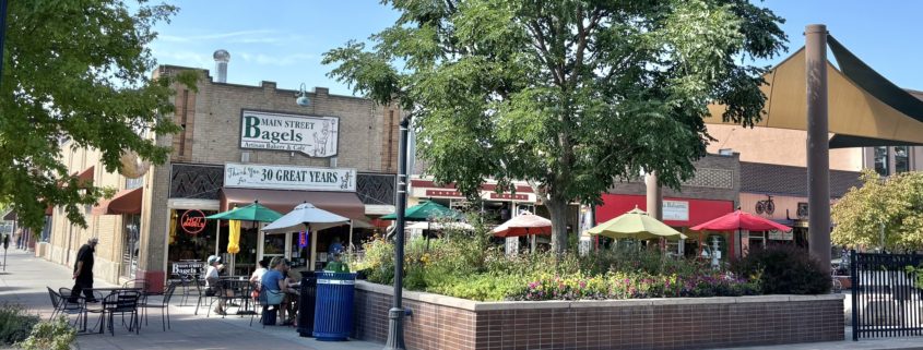 Main Street Bagel Shop showing outdoor dining in downtown Grand Junction
