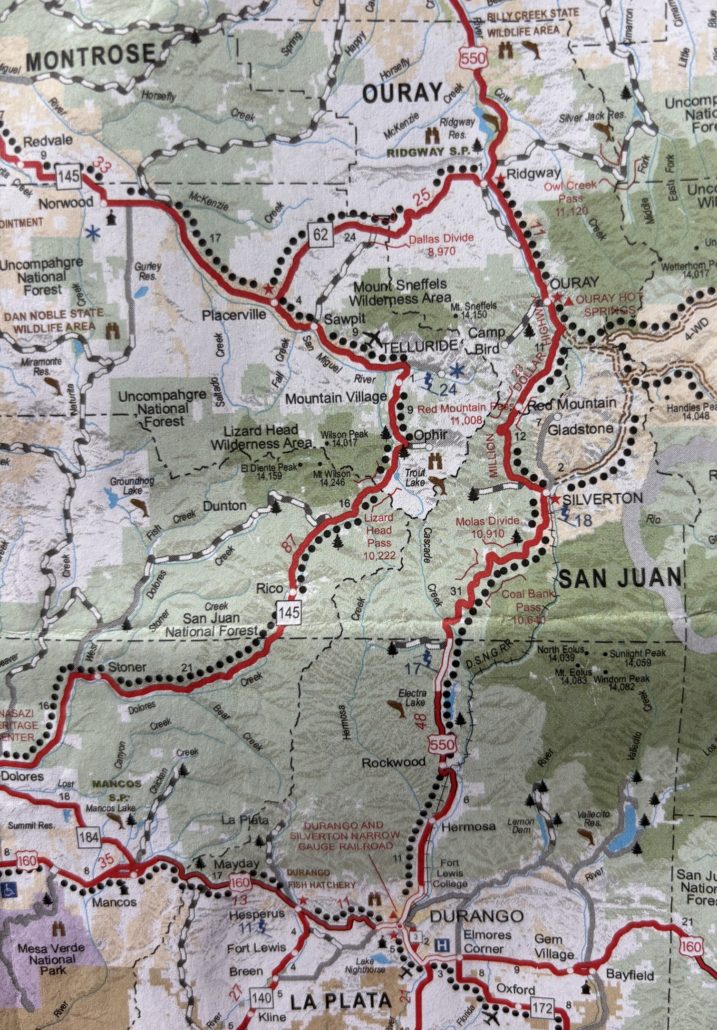 Map of Ouray, Silverton, Telluride area and Million Dollar Highway