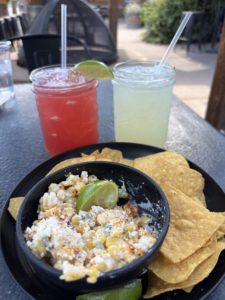 Peach Street Distillers Corn Dip and Chips and Drinks