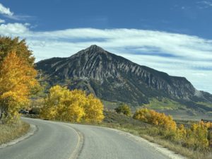 Fall leaves along Kebler Pass with mountains and blue sky