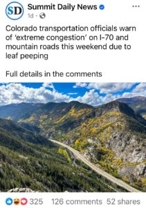 Facebook post showing traffic congestion for leaf peeping from the front range