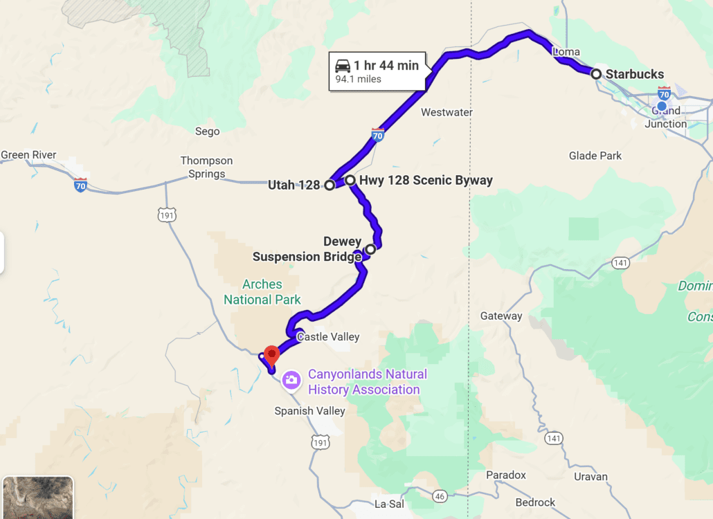 Google map image Fruita to Moab via the Colorado River