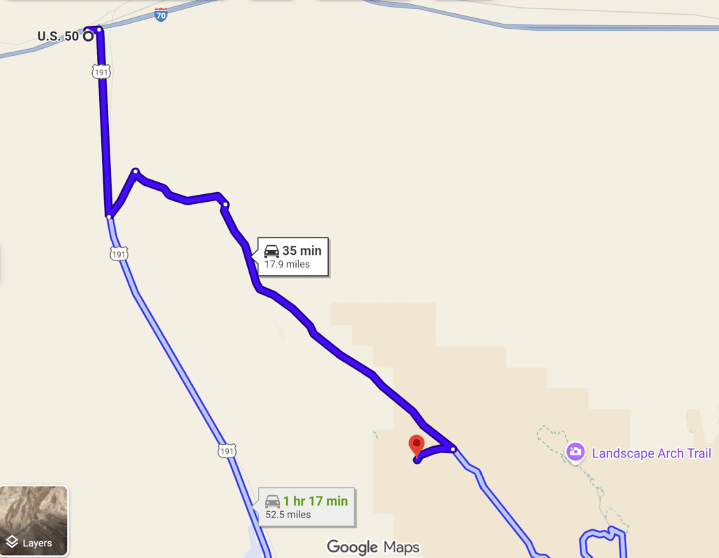 Map to Tower Arch Trailhead - back door into Arches National Park Google Map