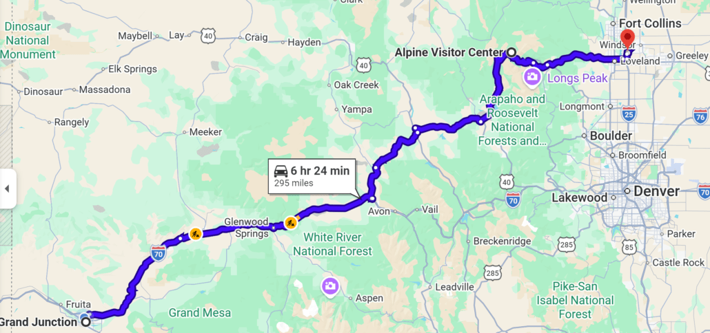 Google Map showing route from Grand Junction to the Alpine Visitor Center and continuing into Loveland CO