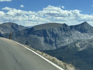 driving Trail Ridge Road with steep drop-offs and above the tree line mountains