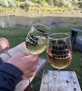 Black Bridge Winery near Paonia, sitting in chairs, with wine, by the river