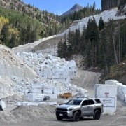 Marble Quarry Entrance Marble CO day trip from Grand Junction showing our 4Runner parked in front of the Marble quarry entrance