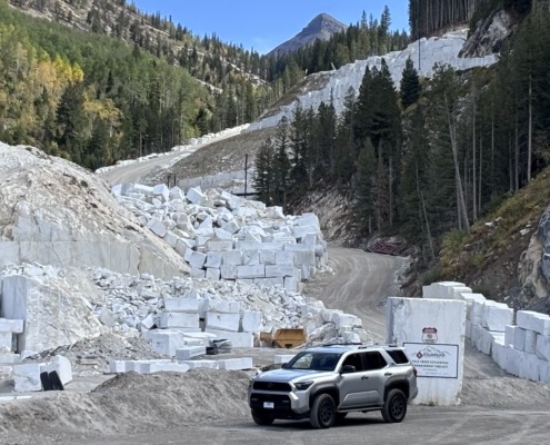 Marble CO day trip from Grand Junction showing our 4Runner parked in front of the Marble quarry entrance