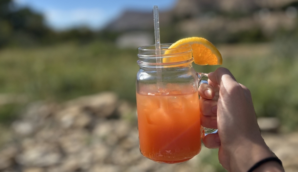 Megan doing Cheers with cocktail with Mount Garfield in the background
